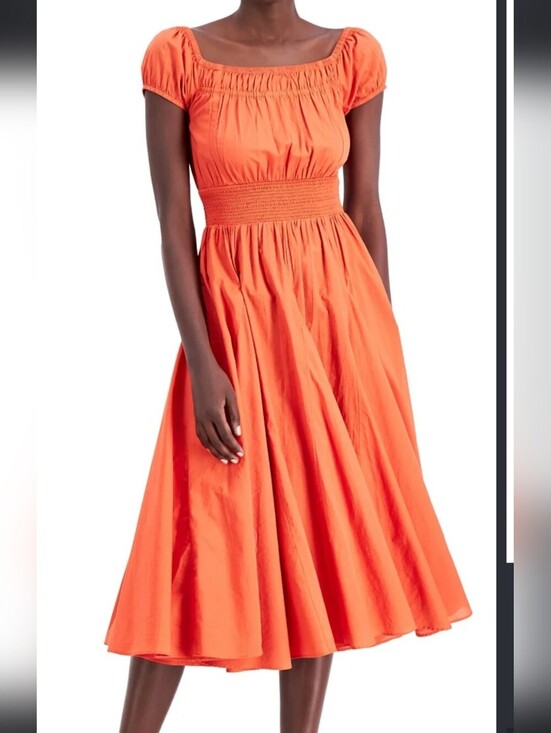 INC International Concepts Dresses & Skirts - INC International Concepts Orange Smocked-Waist Midi Dress with Puff Sleeves